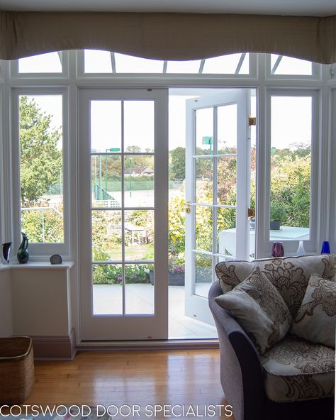 1930s patio door bay.   Doors that open fully out creating a beautiful summer space Extension Windows, Terrace Door, Bedroom Patio Doors, External French Doors, Kitchen 2023, Basement Entrance, Double Glazed French Doors, Cotswolds Cottage, Open Plan Kitchen Diner