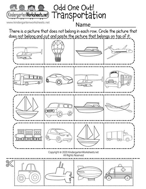 Does a boat travel through the air like a helicopter does? This free worksheet asks kids to circle the mode of transportation that does not belong in each row. Then children can cut and paste a picture of a vehicle that does belong on top of it. Air Transportation Worksheet, Kindergarten Language Worksheets, Spelling Worksheets Kindergarten, Kindergarten Transportation, Transportation Preschool Activities, Coloring Worksheets For Kindergarten, Counting Worksheets For Kindergarten, Transportation Worksheet, Transportation Activities