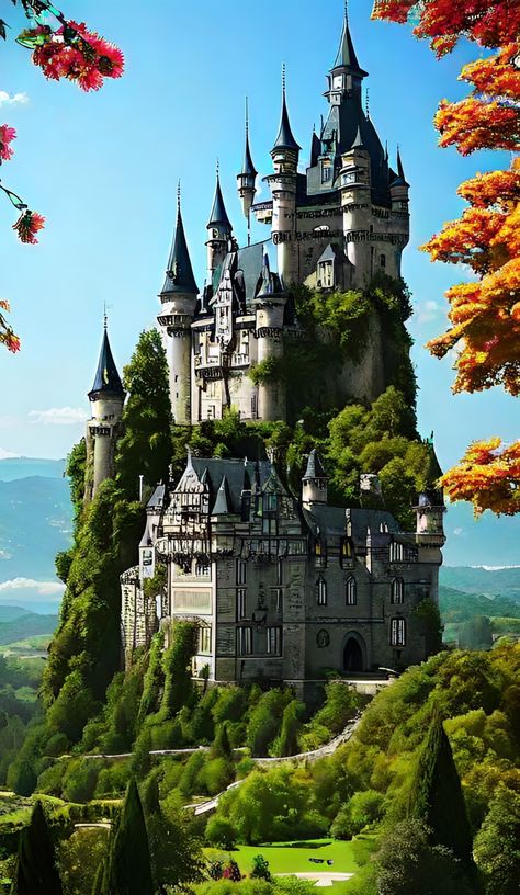 Castle On Hill, Big Castle, Castle On A Hill, Castle On The Hill, Small Castles, Fairy Castle, Castle Aesthetic, Magic Castle, Castle Garden