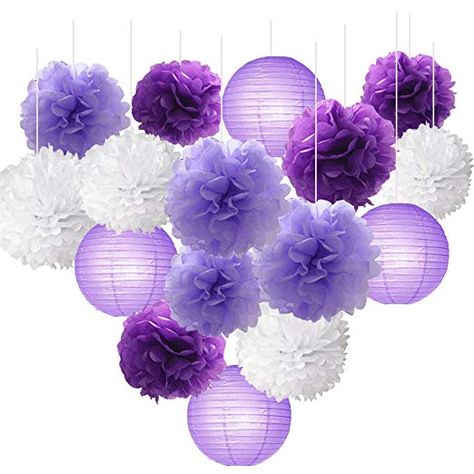 Lila Party, Paper Flower Ball, Lantern Craft, Tissue Paper Pom Poms, Instruções Origami, Paper Pom Poms, Wedding Lanterns, Lantern Set, Purple Themes