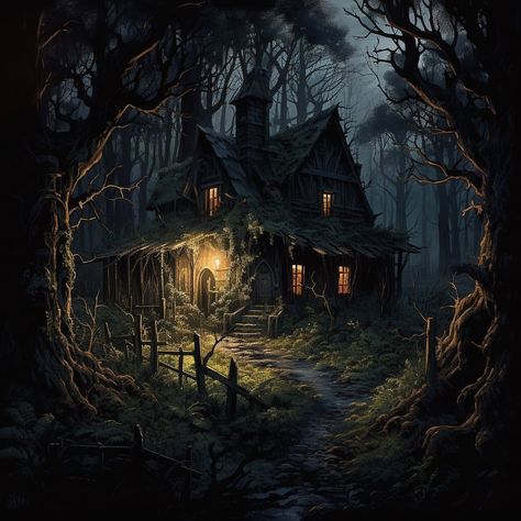 In the dense, foreboding woods, the creepy cottage emerges like a haunting apparition, its timeworn timbers creaking with the secrets of… | Instagram Cute Cottage Drawing, Cottage In The Woods Aesthetic, Creepy Cottage, Witch Cottage Aesthetic, Overgrown Cottage, Ancient Witch, Witch Cabin, Witchy Cottage, Witch Hut