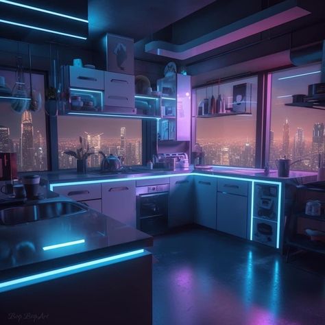 Scifi Room Aesthetic, Vaporwave Home Decor, Vaporwave Kitchen, Vaporwave Apartment, Vaporwave House, Cyberpunk House Interior, Cyberpunk Home, Futuristic House Interior, Futuristic Bedroom Design