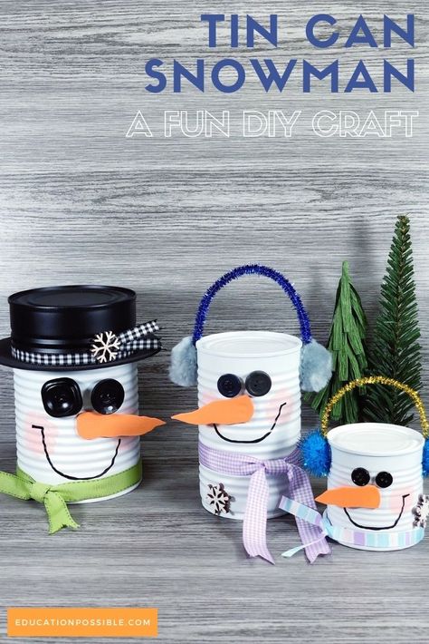 Winters can be long, so liven up your home with a tin can snowman. This recycled craft is incredibly easy to complete, making it perfect for kids and adults. This simple project can be finished in less than 30 minutes and makes an adorable winter decoration. Spend some time together creating a whole family of snowmen out of tin cans. Coffee Tin Can Ideas Christmas, Snowman Made Out Of Tin Cans, Crafts With Formula Cans, Can Snowman Craft, Tin Can Snowman Crafts, Christmas Activities For Nursing Homes, Tin Can Christmas Tree, Winter Projects For Adults, Repurposed Christmas Decor