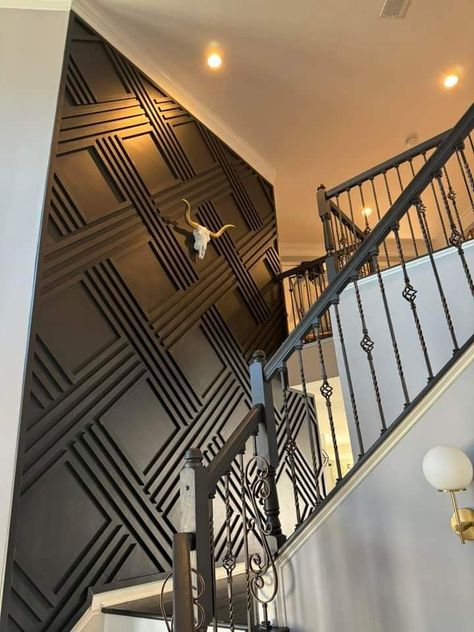 Staircase Wall Cladding, Black Staircase Wall, Double Height Staircase Wall Design, Tall Accent Wall High Ceilings, Staircase Feature Wall, Tall Staircase Wall Ideas, Stairs Feature Wall, Stair Wall Design, Staircase Accent Wall