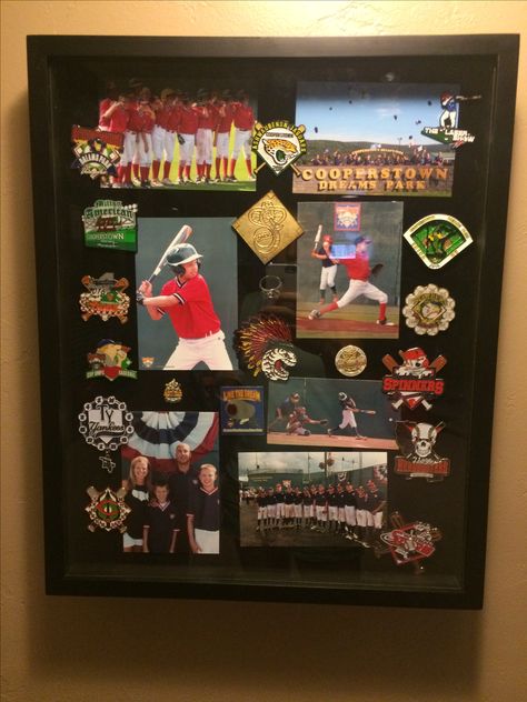 Marcus' display box of pictures and favorite team pins from Cooperstown Pin Display Ideas, Sports Shadow Boxes, Cooperstown All Star Village, Sports Pictures Display, Cooperstown Dreams Park, Sports Illustrations Design, Sport Pictures, Baseball Display, Travel Baseball