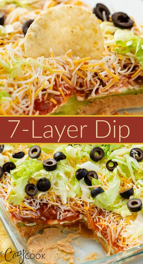 7 layer dip with block olives lettuce and cheese Guacamole Layer Dip, Mexican Dips Easy, Taco Dip With Refried Beans, Dips Platter, Preppy Shrek, Mexican 7 Layer Dip, Mexican Ingredients, Dip Recipes Crockpot, Layered Dip