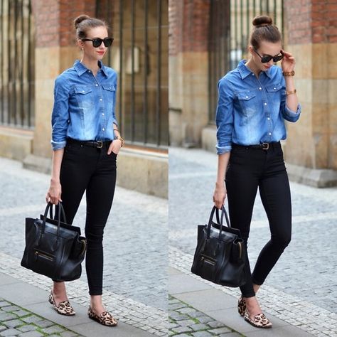 Denim, Black, Animal Cheetah Print Shoes Outfit Casual, Denim Shirt Spring Outfit, Denim At Work, Denim Shirt Winter Outfit, Jean Shirt And Jeans Outfit, Jean Shirt Outfits For Work, Leopard Print Loafers Outfit, Animal Print Loafers Outfit, Denim Shirt Black Jeans Outfit