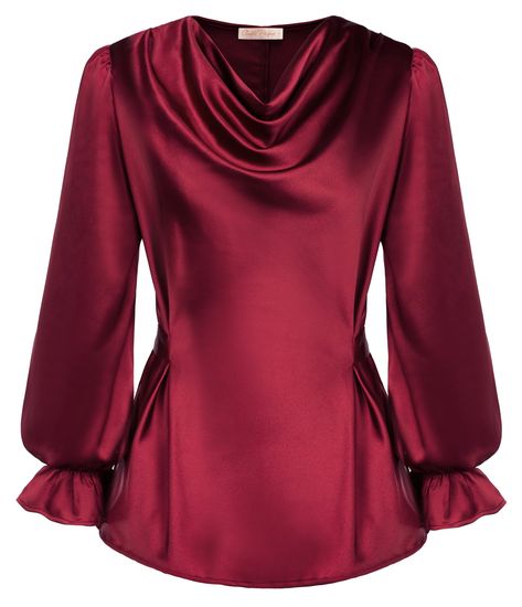 Silk Satin Tops Cowl Neck Drape Blouse Long Sleeve Tie Waist Blouse Shirt Top Satin Tops, Drape Blouse, Cowl Neck Shirt, Blouse Size Chart, Draped Blouse, Dressy Blouse, Blouse Long Sleeve, Pretty Blouses, Satin Top