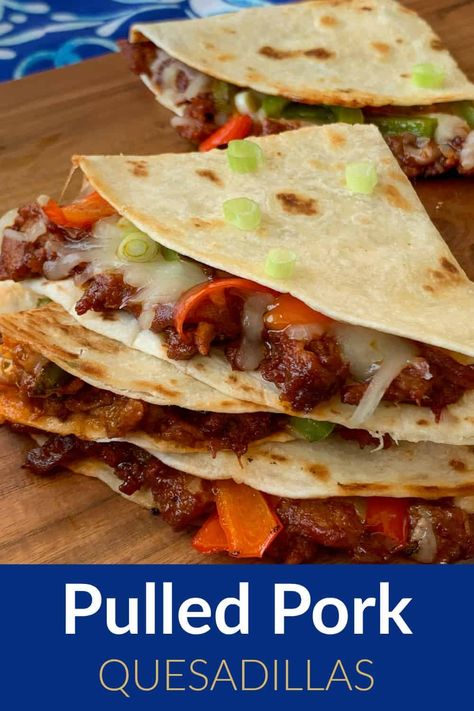 A crispy tortilla stacked with bbq pulled pork, melted cheese and tender peppers makes an easy meal or quick party food that is always super popular! Pulled Pork Quesadillas are one of the best restaurant recipes to make at home! This quesadilla recipe can be made quickly with fresh or leftover homemade pulled pork or by purchasing a tub of prepared bbq shredded pork. Bbq Shredded Pork, Pulled Pork Quesadillas, Pork Quesadillas, Quick Party Food, Pork Quesadilla, Quick Easy Family Meals, Homemade Pulled Pork, Pulled Pork Quesadilla, Easy Pulled Pork