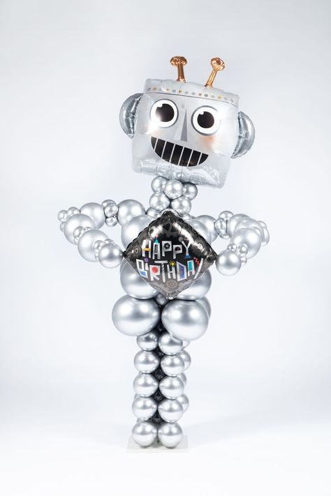 This cool robot balloon column is a fun present to the birthday boy/girl. With the use of Reflex Silver balloons and the matching Birthday foilballoons this design is perfect! #birthdayballoons #silverballoons #robot #birthdayrobot #robotparty Robot Balloon, Silver Balloons, Robot Party, Silver Balloon, Cool Robots, Birthday Balloon Decorations, Balloon Columns, Birthday Boy, Birthday Balloons