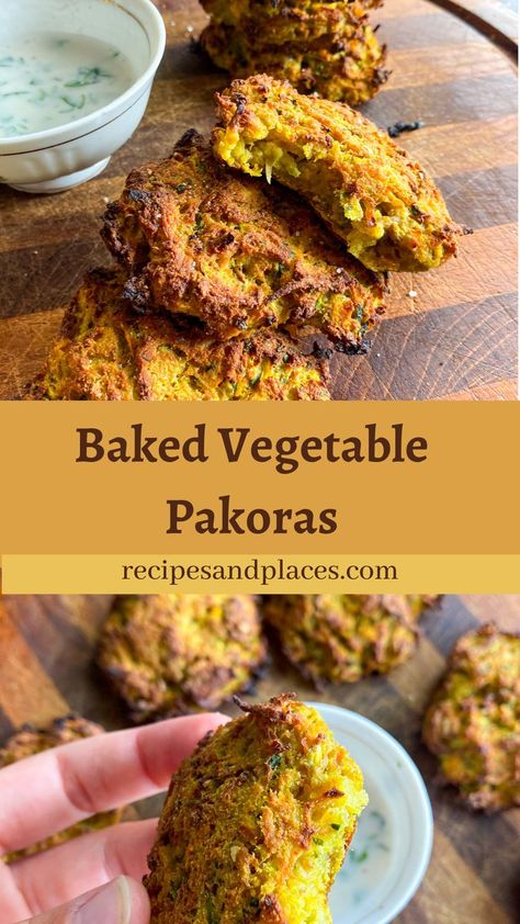 Baked Mixed Vegetable Pakoras Baked Pakora Recipe, Vegetable Pakora, Vegetable Fritters, Spiced Vegetables, Pakora Recipes, Baked Vegetables, Fritter Recipes, Tasty Vegetarian Recipes, Lentil Recipes