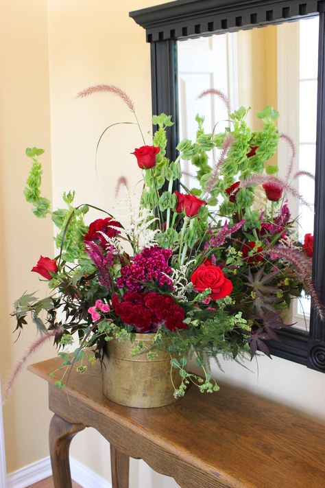 Garden style arrangement created with Roses, Celosia, Cockscomb, Bells of Ireland, Japanese Maple, Buplerum, Plumosa, and Ornamental Grasses *Creative Touches Evansville* Celosia Arrangement, Bells Of Ireland, Japanese Maple, Ornamental Grasses, Table Arrangements, Grasses, Garden Styles, Bouquets, Flower Arrangements