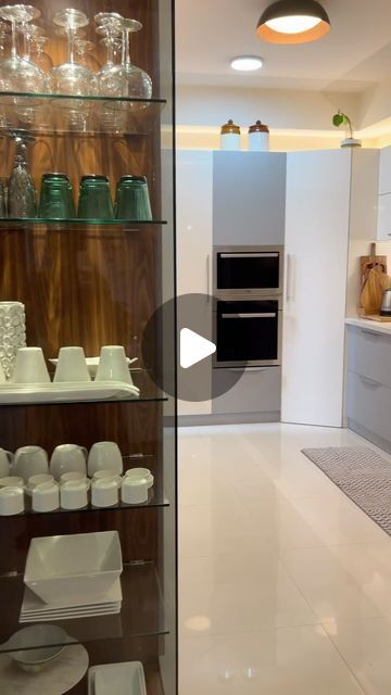 Grocery Unit In Kitchen, Corner Pantry Unit, Crockery Organisation Ideas, Kitchen With Pantry In Corner, Corner Crockery Unit Design, Hidden Corner Pantry, Pantry Unit Design, Pantry Unit Kitchen, Tall Units In Kitchen