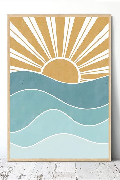 Boho Sun on the Sea Artwork Boho Minimalist Line Art Prints Abstract Mid Century Retro Line Art Illustration, Boho Sunset Painting, Boho Sun Drawing, Boho Paint Night Ideas, Sun And Sea Drawing, Boho Beach Painting, Boho Easy Paintings, Simple Beach Art, Boho Sun Painting