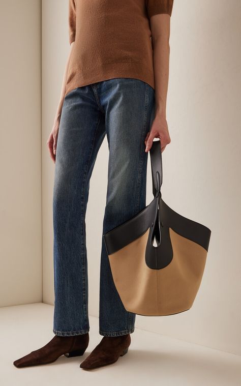 MODA OPERANDI: KHAITE Lotus Medium Canvas-Leather Tote Bag… Khaite Olivia Bag Outfit, Khaite Lotus Bag Outfit, Khaite Lotus Bag, Khaite Maddy Top, Suede Tote Bag With Gold-tone Hardware, Canvas Leather Tote Bag, Canvas Leather Tote, Medium Tote, Crafts Beautiful