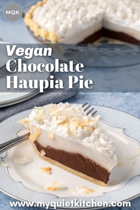 Vegan Chocolate Haupia Pie is a non-dairy version of the famous Hawaiian dessert. With a flaky vegan crust and a perfect balance of coconut and rich dark chocolate, this haupia pie is a crowd pleaser! #haupia #vegandesserts Hawaiian Vegan Food, Vegan Hawaiian Food, Chocolate Haupia Pie Recipe, Hawaiian Brunch, Chocolate Haupia Pie, Chocolate Haupia, Dairyfree Dessert, Hawaiian Dessert, Hula Party