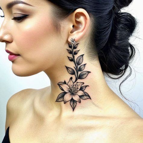 Subtle Sophistication: Sampaguita Neck Design" Enhance your neck’s natural contours with a refined Sampaguita tattoo, adorned with delicate dot work and swirling elegance. #SophisticatedInk #FloralArt #TattooDesign #tattoos #tattooart #tattooing #tattooideas #tattoodesign #tattooartist #tattooart #tattooinspiration #necktattoo #necktattoos #Sampaguita #jasmine Subtle Neck Tattoo, Unique Neck Tattoos Women, Unique Neck Tattoos, Sampaguita Tattoo, Behind Ear Tattoos, Ear Tattoos, Neck Tattoos Women, Neck Tattoos, Tattoos Women