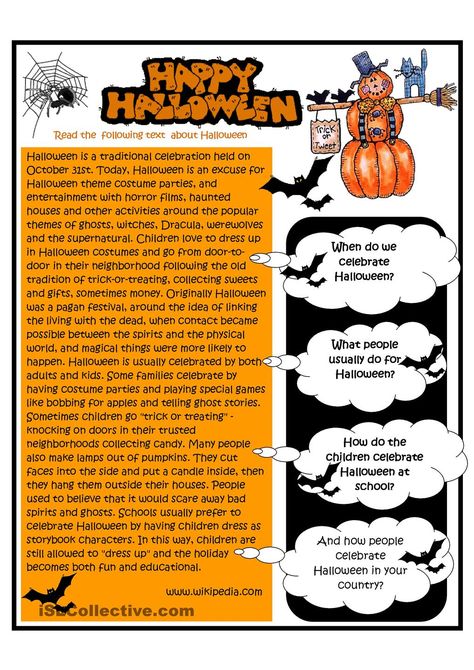 Halloween Reading Activity, Halloween Elementary, Halloween Lesson Plans, Esl Reading Comprehension, Halloween Quiz, Halloween Vocabulary, Halloween Lesson, Esl Reading, Halloween Reading