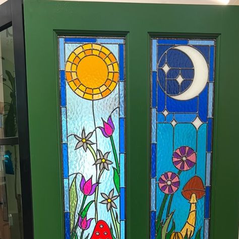 Geleta Doors Limited on Instagram: "Not your typical front door design, but we love it 🥰  Glass design bespoke to our customer. Spray painted in leaf green externally and white on the inside.   #stainedglass #externaldoorinspo #homedecor #woodworking #doorgoals #homeimprovement #stainedglasswindow #externaldoor #goals #bespoke #wood #beautiful #doubleglqzed  #granddesigns #doorsofinstagram #designmyspace #DeserveToBeFound #frontdoorgoals #doorsoftheworld #spraypainted #roundels #victorianhouse #victorian #stars #victorianrenovation #sun #moon #greenfrontdoor" Victorian Renovation, Green Front Doors, Stained Glass Door, External Doors, Front Door Design, Leaf Green, Grand Designs, Painted Doors, Door Frame