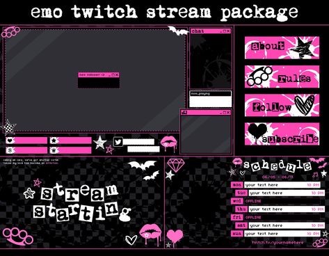 Gaming Layout Design, Y2k Twitch Overlay, Gothic Stream Overlay, Pink Twitch Overlay, Pink And Black Gaming Setup, Vtuber Layout, Stream Overlay Design, Twitch Setup, Scenecore Aesthetic