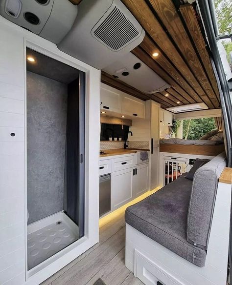 Camper Van Shower, Van Conversion Layout, Van Dwelling, Conversion Van, Kombi Home, Van Conversion Interior, Diy Camper Remodel, Caravan Interior, Campervan Life