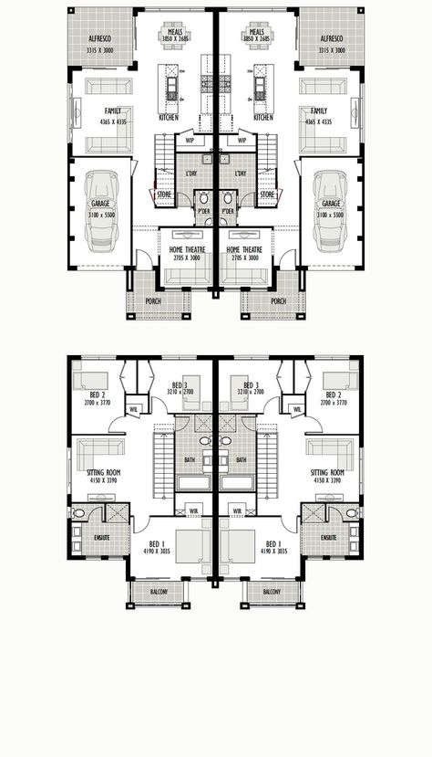 Eastwood 54 - Provincial Homes - New Home Designs Small Apartment Building Plans, Residential Building Plan, Twin House, Small Apartment Building, Duplex Floor Plans, Narrow House Plans, House Plans Mansion, Classic House Exterior, Building Plans House