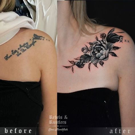 Tattoo Covers For Women, Flower Tattoos On Chest Cover Up, Tattoo Writing Cover Up Ideas, Cover Up Chest Tattoos Women, Chest Cover Up Tattoos For Women, Words Cover Up Tattoo, Collarbone Tattoo Cover Up Ideas, Collarbone Cover Up Tattoos For Women, Floral Tattoo Design Cover Up