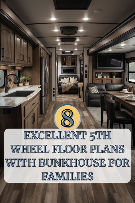 Embark on unforgettable family adventures with these 8 stunning Fifth Wheel floor plans featuring bunkhouses! Perfect for big families or those who love extra space. Discover how you can elevate your RV travels with layouts that promise comfort and fun for everyone. Are you ready to find your dream mobile home? Click to explore the best options for family-friendly travel.  #rvlife #rvliving #camper Bunkhouse Floor Plans, Rv Living Organization, Camper Flooring, Rv Floor Plans, 5th Wheel Rv, Double Bunk, Fifth Wheel Trailers, Rv Adventure, Fifth Wheels