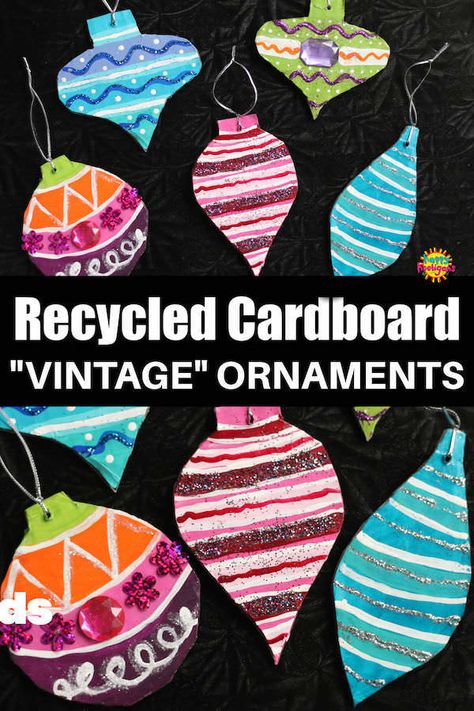 Kids can transform an ordinary piece of cardboard into old-fashioned, vintage ornaments with paint, glitter and craft gems! Hang them on the Christmas tree, give them away in sets, or use them as gift toppers this Christmas. #HappyHooligans #Kids #Christmas #Crafts #Homemade #Ornaments, #Vintage #Cardboard #CraftyKids #Daycare #Preschool #Toddler #Elementary #Tween Christmas Ornaments Homemade Kids, Preschool Christmas Gifts, Cardboard Ideas, Vintage Christmas Tree Ornaments, Cardboard Christmas Tree, Kids Gardening, Crafts Homemade, Happy Hooligans, Paper Christmas Ornaments