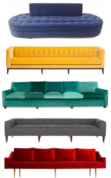 Supersized Style: Extra Long Sofas Apartment Therapy Shopping Guide The turquoise one is amazing.Way too loud for me now, but maybe one day.. Long Sofas, Sofas For Small Spaces, Long Sofa, Apartment Sofa, Green Sofa, Modern Sofas, Sofa Styling, Vintage Modern, Modern Sofa