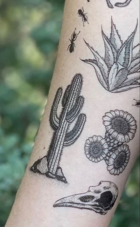 Traditional Saguaro Tattoo, Cactus Tattoo Forearm, Scorpion Cactus Tattoo, Cactus Tattoo Back Of Arm, Mojave Desert Tattoo, Men Cactus Tattoo, Saguaro Cactus Tattoo, Saguaro Tattoo, Black And Grey Cactus Tattoo