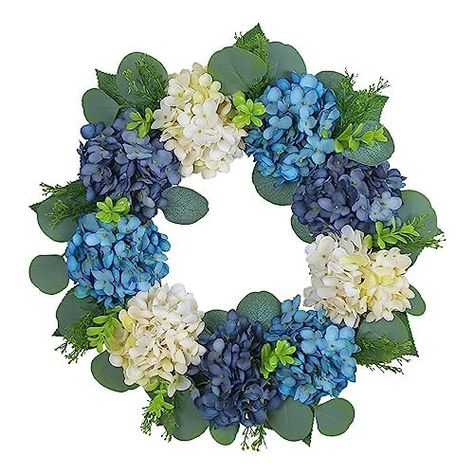 PRICES MAY VARY. Superior Quality: This summer wreath is meticulously handcrafted using artificial silk flowers that are securely fastened onto a vine base, It is lightweight and easy to hang on standard wreath holders, and you need not worry about fading or deformation even with prolonged outdoor use Size Details: The wreath's width should be about 15.76inch inches, and its depth should be 3-4 inches Decorative Wreath:Pink color matches the blue, which makes the whole hydrangea wreath looks cle White Hydrangea Wreath, Blue Hydrangea Wreath, Wreath Storage, Flower Wreaths, Wedding Backdrop Decorations, Fall Wall Decor, Fall Front Door, Fall Garland, Hydrangea Wreath