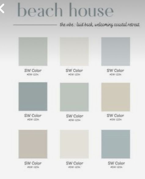 Sherwin Williams Modern Farmhouse, Sherwin Williams Coastal, Modern Farmhouse Decorating, Coastal Paint Palette, Modern Coastal Farmhouse, Farmhouse Decorating Ideas, Beach Color Palettes, Coastal Paint Colors, Coastal Paint