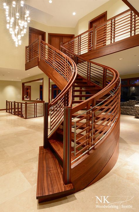 Music Staircase Plan, Wooden Staircase Railing, Wooden Staircase Design, Modern Stair Railing, Wooden Staircase, Stair Gallery, Staircase Railing Design, Spiral Staircases, Glass Stairs