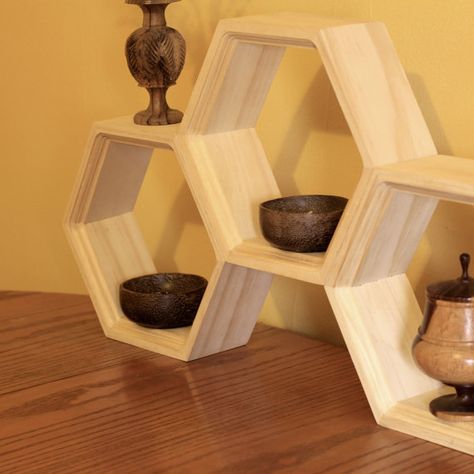 Set of three Hexagon Shelves - Honeycomb Shelving - Modern Eco Friendly Home Decor. $42.00, via Etsy. Honeycomb Shelves, Geometric Shelves, Hexagon Shelves, Eco Friendly Decor, Modern Shelving, Cool Diy Projects, Woodworking Projects Diy, Diy Pallet Furniture, Craft Stick Crafts