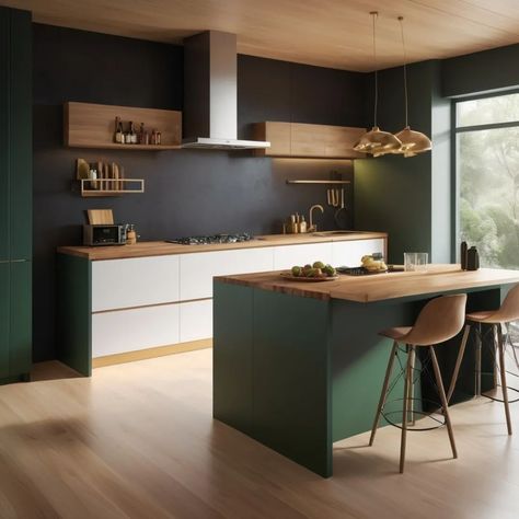 Modern Kitchen Aesthetic, Hidden Fridge, Kitchen Aesthetic, Modern Kitchen Design, Modern House Design, Modern Kitchen, Dark Green, House Design, Green