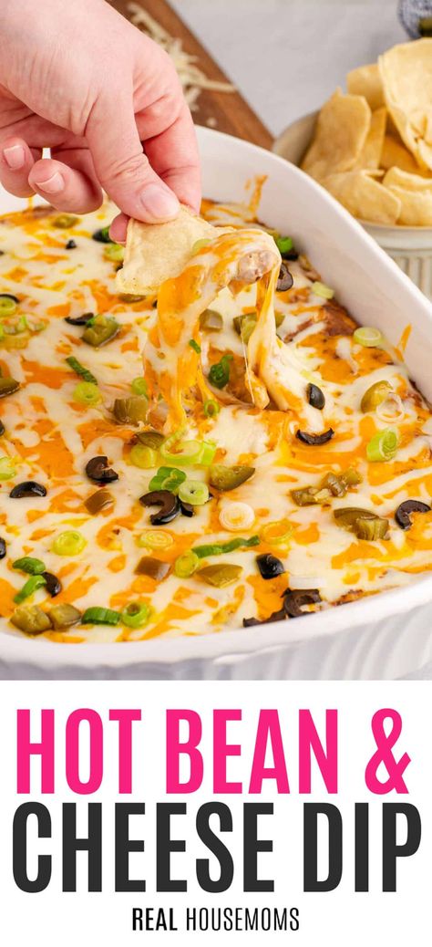 When it's time to party, Hot Bean & Cheese Dip is an easy, must-make dip that is cheesy, spicy, full of flavor, and a huge crowd-pleaser! #Realhousemoms #hotbean #cheesedip #cheesy #spicy #appetizer #reamcheese #gameday #sundayfunday #superbowl #dip Superbowl Dip, Hot Bean Dip, Bean Cheese Dip, Mexican Bean Dip, Refried Bean Dip, Mild Taco Seasoning, Canning Refried Beans, Bean Dip Recipes, Spicy Dip