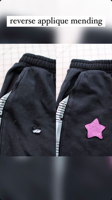 Sewing + Embroidery + Crafts on Instagram: "These Puma sweatpants are so thick and comfy looking but the big hole landed them in the goodwill outlet bins. 10 minutes later, there’s a purple star instead and I’m ready to lounge in them! Have you ever seen duckbill/applique scissors like that? They’re a fun tool but not necessary if you’re careful! Want to try it yourself? 1. Pin a scrap of similar fiber and weight beneath the stain. 2. Sketch around the stain or trace a design on freezer paper Mending Sweatpants, Goodwill Outlet, Puma Sweatpants, Trace A, Embroidery Crafts, Fiber Crafts, Purple Star, Reverse Applique, Freezer Paper