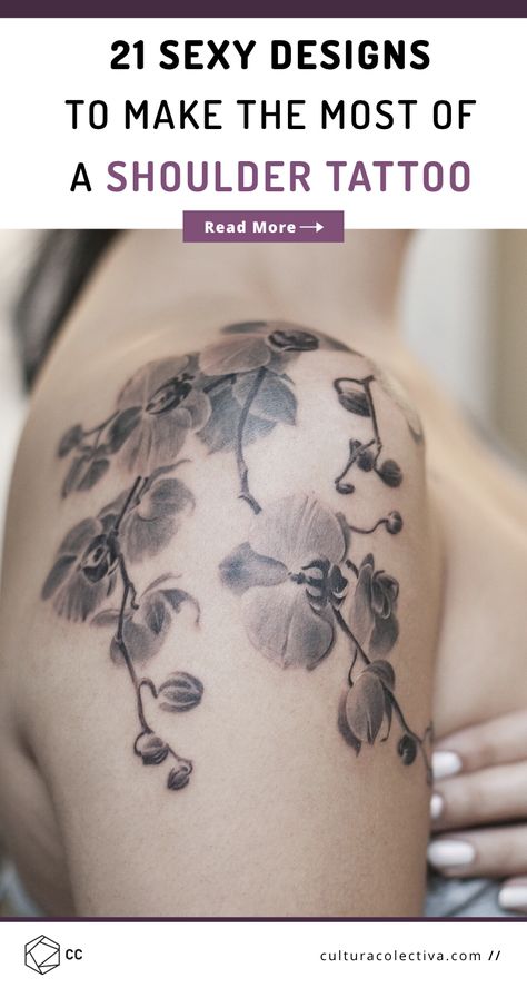 Shoulder Tattoos Women Unique, Woman Shoulder Tattoo Ideas Unique, Flower Tattoos Shoulder Cap, Cascading Shoulder Tattoo, Feminine Tattoos Shoulder, Bird Shoulder Tattoos For Women, Over The Shoulder Tattoo, Orchid Tattoo On Shoulder, Realistic Orchid Tattoo