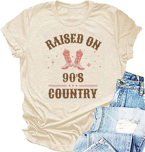 PRICES MAY VARY. 【Feature】Women western shirt,raised on 90's letter print tees,cowgirls country music tee tops, farm shirt,southern shirt. Round neck, retro vintage western design, great fit, and high-quality material texture. 【Style】Country music western tee, casual southern farm life top blouse. It's a perfect gift idea for mom, wife, daughter,sister, grandma, girlfrend, and friends. 【Occasion】This country music lover gift shirt is great to match with skinny leggings, jeans, shorts, skirts, bo Concert Outfits Casual, Women's 90s Outfits, Raised On 90s Country, Concert Outfit Casual, Music Tshirt, Western Top, 90s Country, Western Tops, Vintage Cowgirl