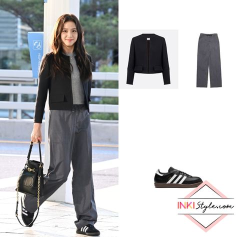 BLACKPINK Jisoo wearing Dior V12 Cropped Open Jacket, Dunst Relaxed Summer Slacks, Adidas Samba OG Sneakers at Incheon Airport. #kpop #kpopfashion #koreanfashion #blackpink #jisoo Kpop Sneakers Outfit, Blackpink Adidas Outfits, Samba Og Black Outfit, Samba Og Shoes Outfit Women Black, Samba Og Outfits Women, Blackpink Sneakers, Adidas Samba Og Outfit, Samba Adidas Black, Samba Og Shoes Outfit Women