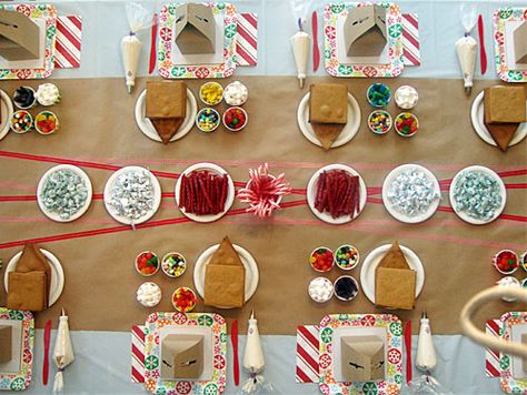 Striped Placemats, Gingerbread House Party, Gingerbread House Decorating, Christmas Cookie Party, Gingerbread Activities, Gingerbread House Parties, Gingerbread Party, Cookie Decorating Party, Decorating Party