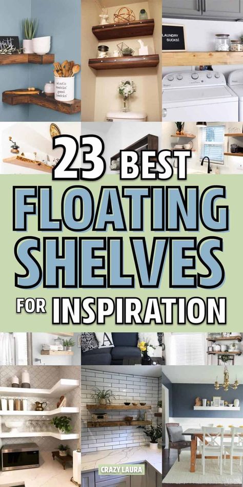 Check out these gorgeous DIY floating shelf ideas to save some money when build your own! Shelves In Kitchen Wall Shelves, Shelf Wall Dining Room, Tiny Kitchen Shelf Ideas, Wood Plank Wall With Shelves, Floating Shelves For Kitchen Wall, Ikea Floating Shelves Kitchen, Floating Shelf Ideas For Living Room, Hanging Bookshelves Living Room, Wooden Floating Shelves Bedroom