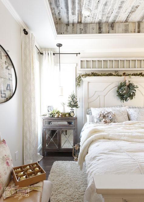 Christmas Bedroom Decorating Ideas: A French Country Farmhouse Bedroom for the Holidays | The DIY Mommy Country Farmhouse Bedroom, Modern Farmhouse Bedroom Decor, Rustic Farmhouse Bedroom, All White Bedroom, Farmhouse Bedroom Decor Ideas, Farmhouse Style Bedrooms, Modern Farmhouse Bedroom, Farmhouse Interior Design, French Country Bedrooms