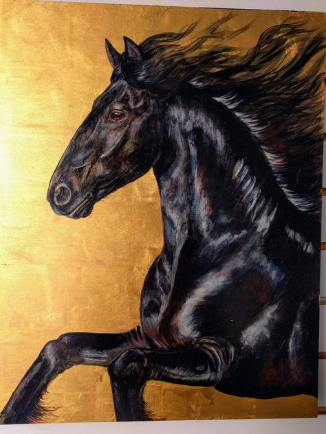 Friesian,  painted on 24 K gold leaf by Trudi  Plummer Horse Portraits, Art Gold Leaf, Portraits Art, Gold Horse, Animal Portraits, Horse Portrait, Friesian Horse, Art Portraits, Art Gold