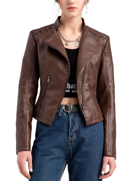 PRICES MAY VARY. Classic Motorcycle biker leather jacket women PU faux lightweight varsity bomber jacket zipper closer long sleeve outerwear windbreaker flight baseball coat with pockets There are many sizes of this moto bomber jacket for women to choose: Samll, Medium, Large, X-Large,XX-Large; For baggy or tight fitting, please check the Size Chart and product description clearly before purchase it Loose fit top varsity jacket long sleeve classic stand collar design coat zipper up closer lightw Jacket Varsity, Short Coats, Jackets Casual, Purple Coffee, Pu Jacket, Loose Fitting Tops, Faux Leather Jacket, Exposed Zipper, Basic Shirts