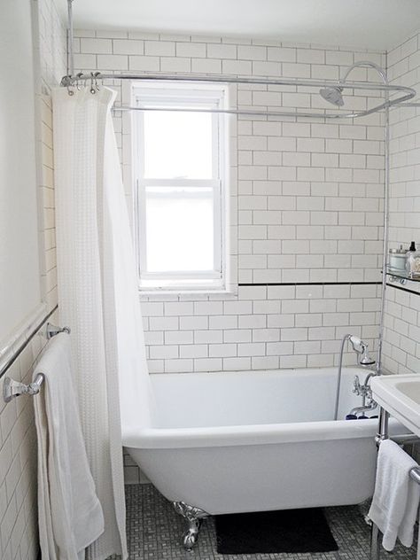 Clawfoot tub and subway tiles  Before & After: A Tiny Bathroom Turns Traditional — Sweeten | Apartment Therapy Clawfoot Tub Bathroom, Clawfoot Tub Shower, White Tub, Bathroom Farmhouse Style, Small Remodel, Bathroom Tub, Tiny Bathrooms, Bathroom Shower Tile, Trendy Bathroom