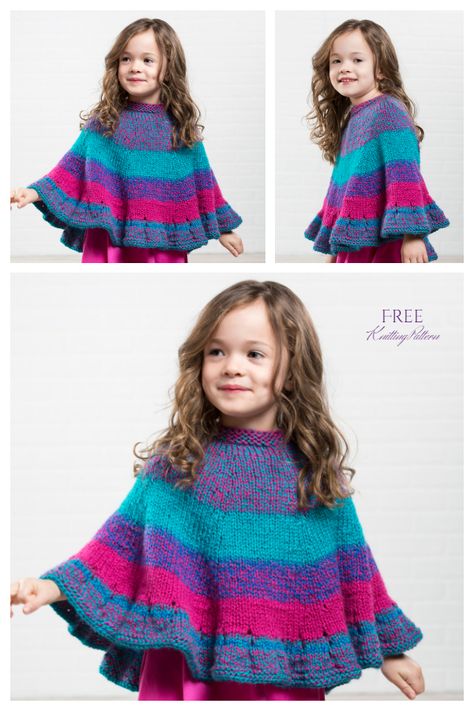 Kids Poncho Free Knitting Patterns - Knitting Pattern Poncho Knitting Patterns Free, Knitting Patterns Poncho, Knitted Poncho Patterns Free, Girls Poncho Crochet Pattern, Kids Poncho Pattern, Knitting Kids Sweaters, Easy Poncho Knitting Pattern, Kids Sweater Pattern, Poncho Knitting