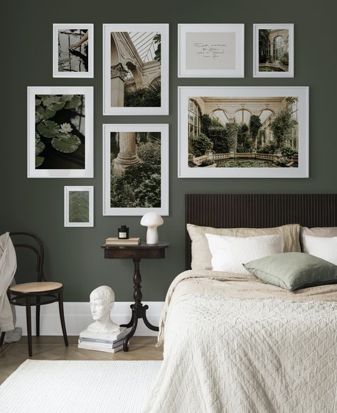 Gallery Wall Bedroom, Dark Bedroom, Bedroom Green, Online Wall Art, Inspirational Wall Art, Bedroom Colors, Wall Spaces, Bedroom Wall, Picture Wall