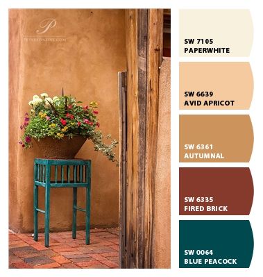 Desert Home Paint Colors, Hacienda Exterior Paint Colors, Spanish Revival Color Palette, Southwest Paint Colors Interior, Southwest Paint Colors, Stucco Building, Rust Color Schemes, Exterior Updates, Southwest House